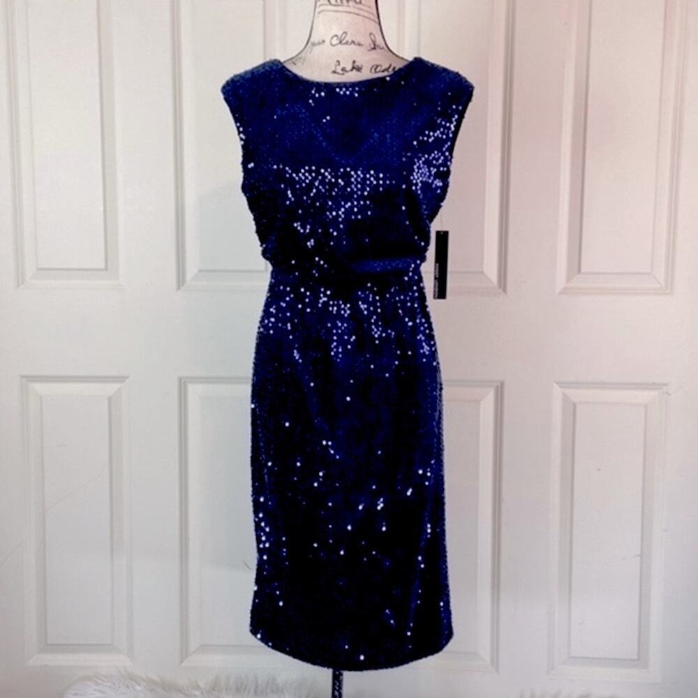NWT Maggy London Sequined Blouson Navy Blue Dress - Picture 2 of 15